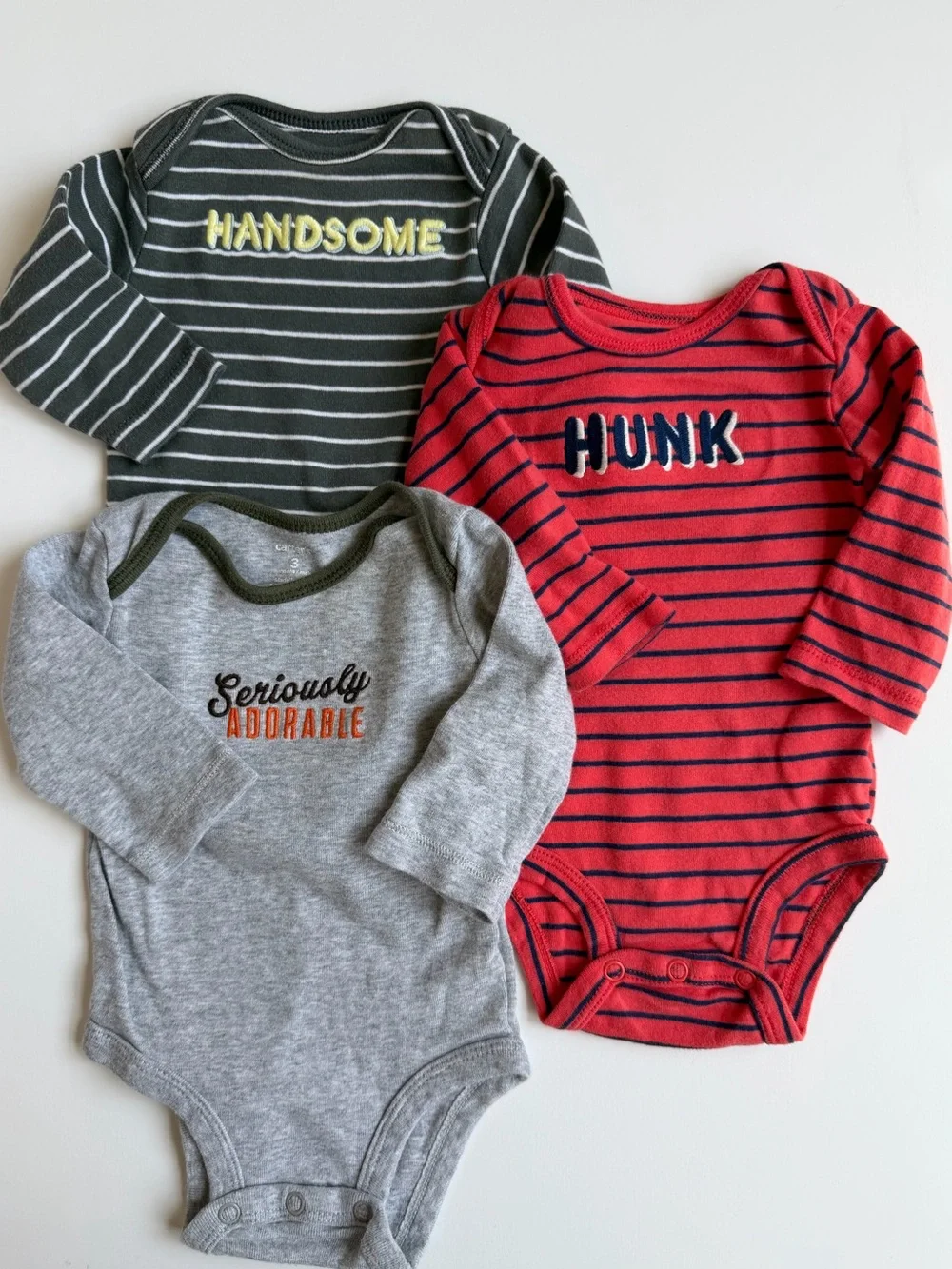 3/$15 | Striped & Graphic Long-Sleeve Baby One-Piece Set - Gray, Red, Green